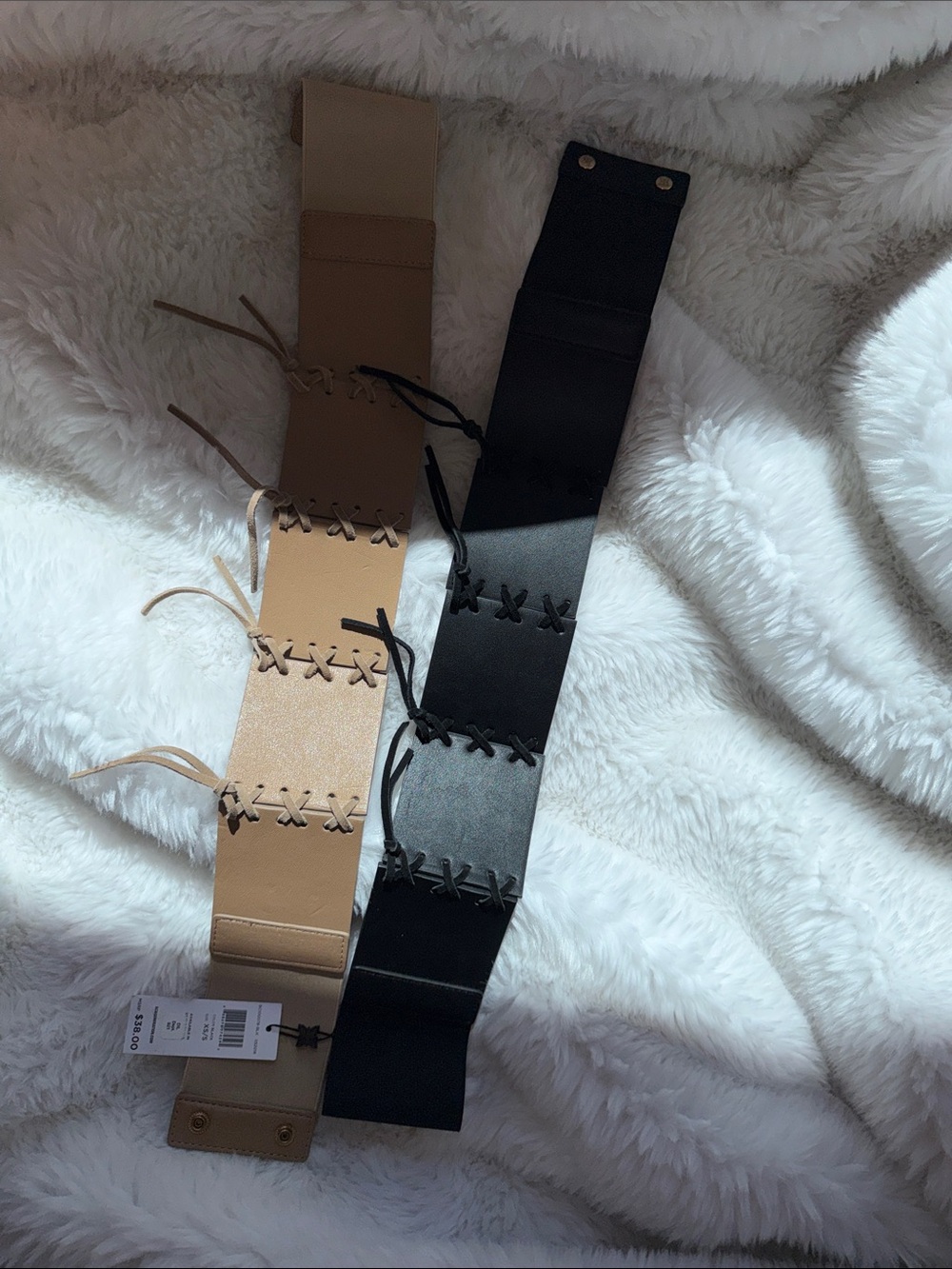 BCBGeneration Lace-Up Wide Elastic Waist Belt in Black and Tan
